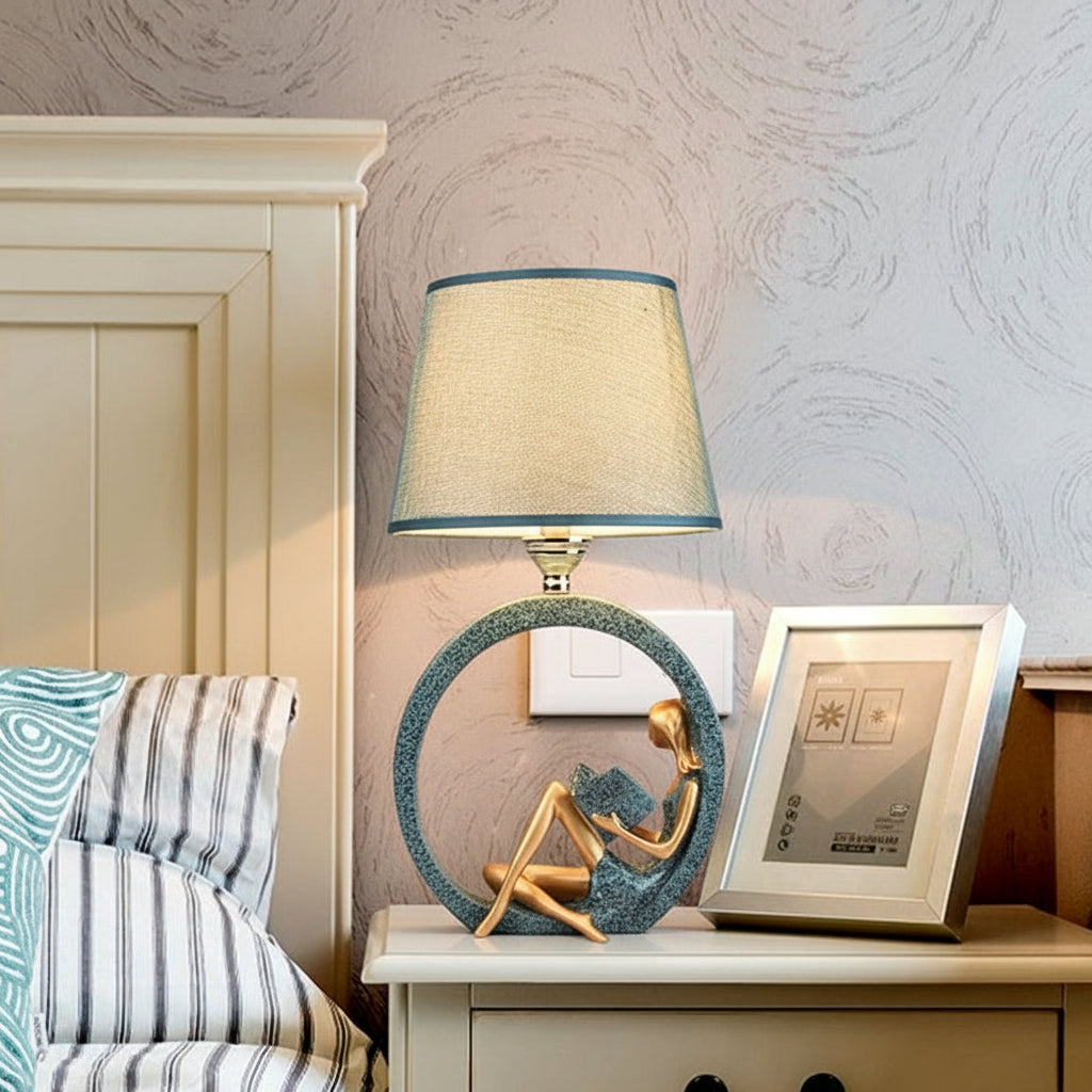 Adjustable Height Table Lamp with Soft Blue Fabric Shade – Stylish Resin Base Bedside Lamp 0