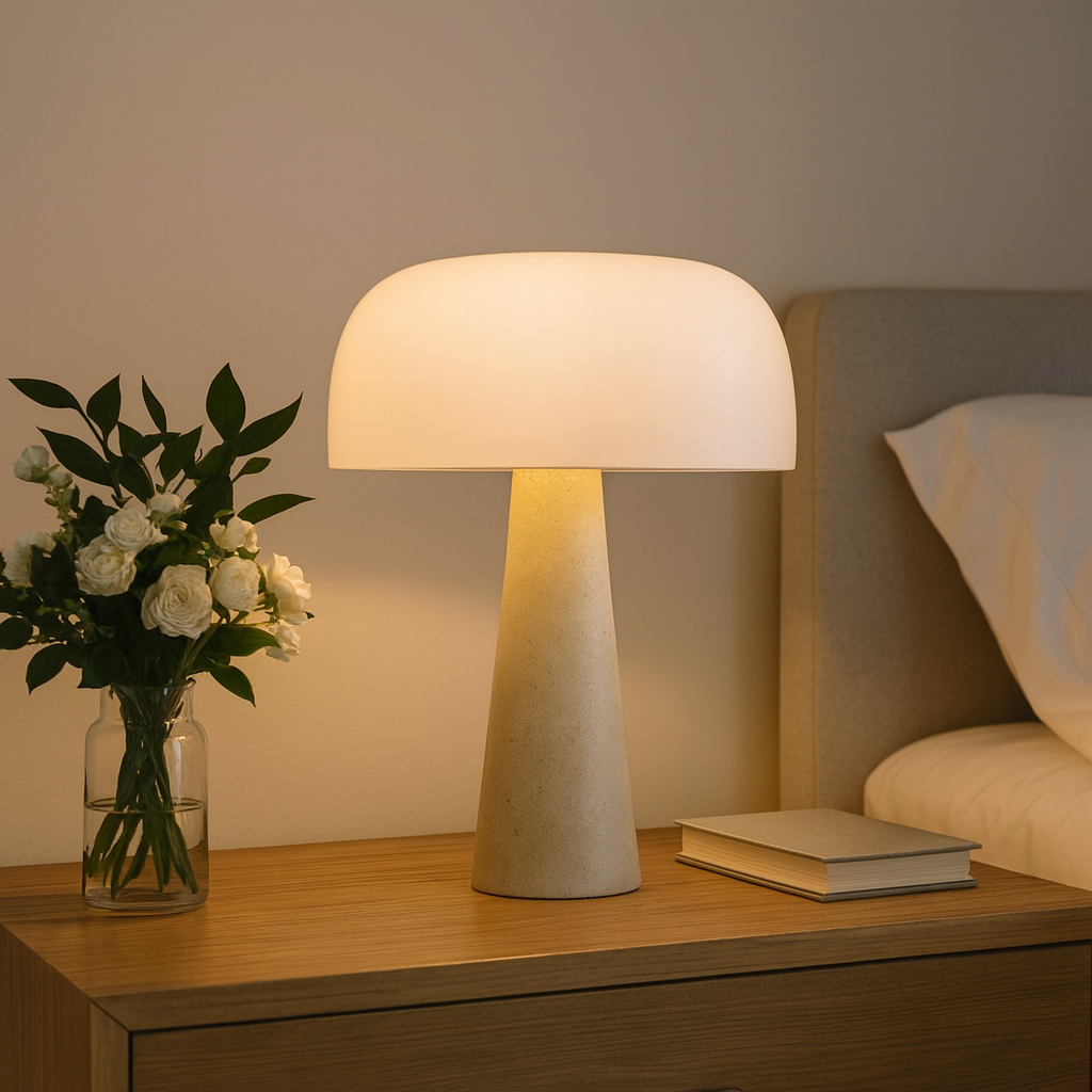 Elegant Bedside Table Lamp with Travertine Base and Opal Glass Shade
