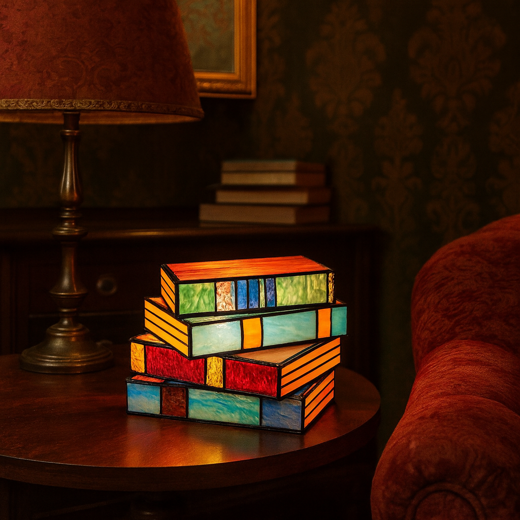 Stained Glass Bedside Lamp in Book Stack Design