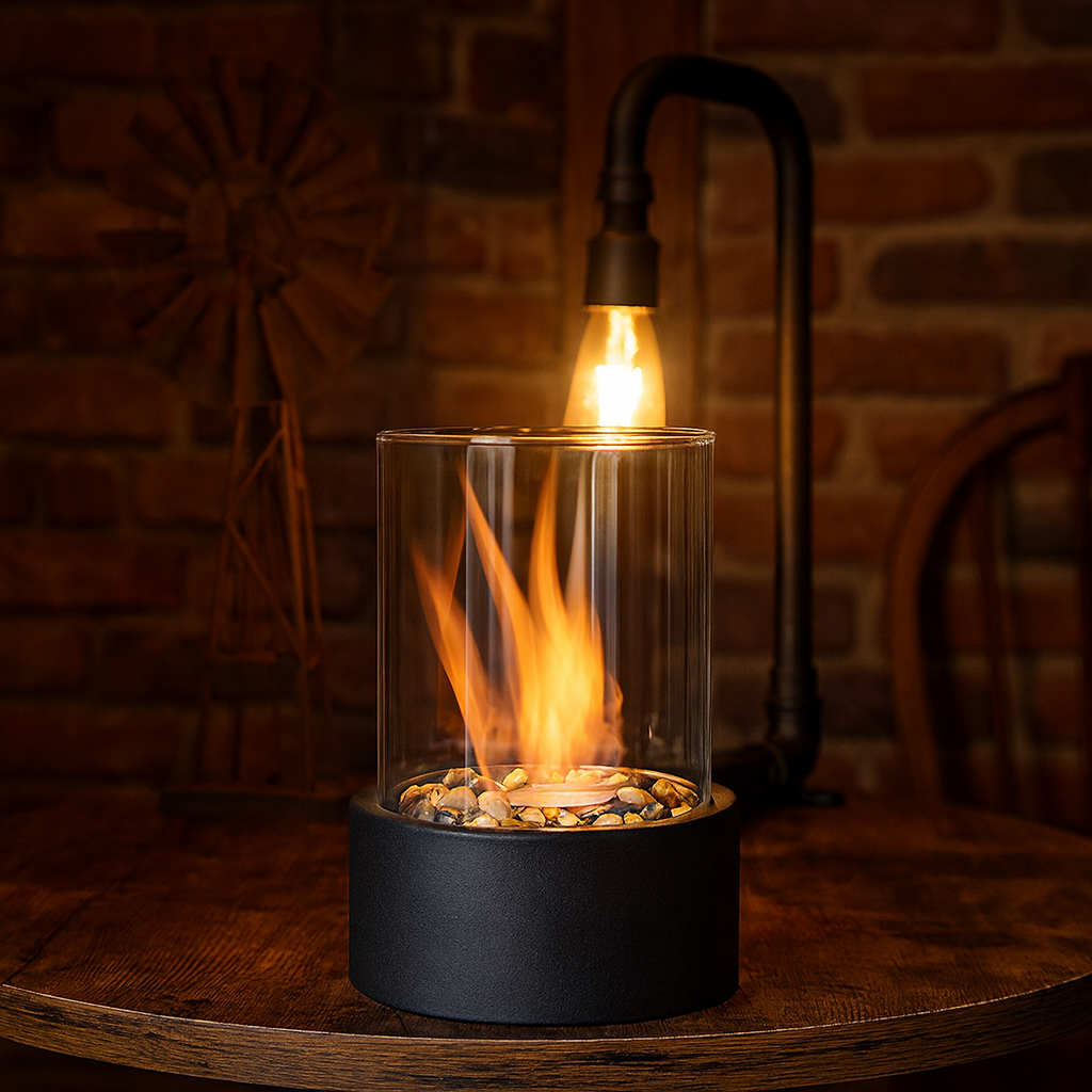Portable Smokeless Fire Pit Tabletop Ethanol Burner with Glass Cylinder