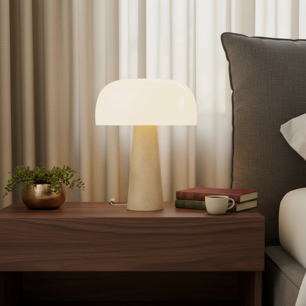 Elegant Bedside Table Lamp with Travertine Base and Opal Glass Shade – Modern Design for Bedrooms and Living Rooms 0