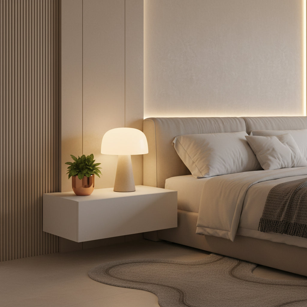 Elegant Bedside Table Lamp with Travertine Base and Opal Glass Shade – Modern Design for Bedrooms and Living Rooms 1