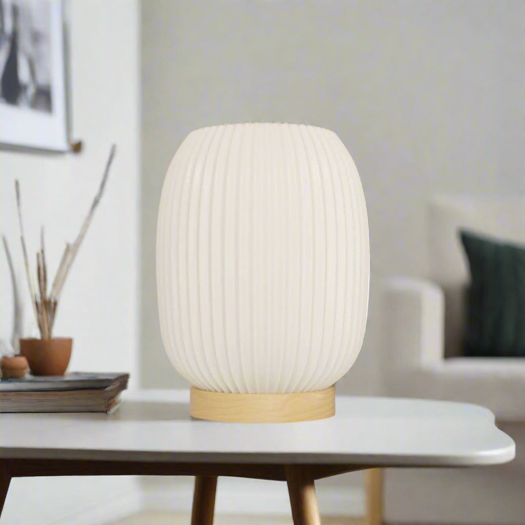 Elegant White Ribbed Ceramic Bedside Lamp with Natural Wood Base - Compact Table Lamp for Bedroom 0