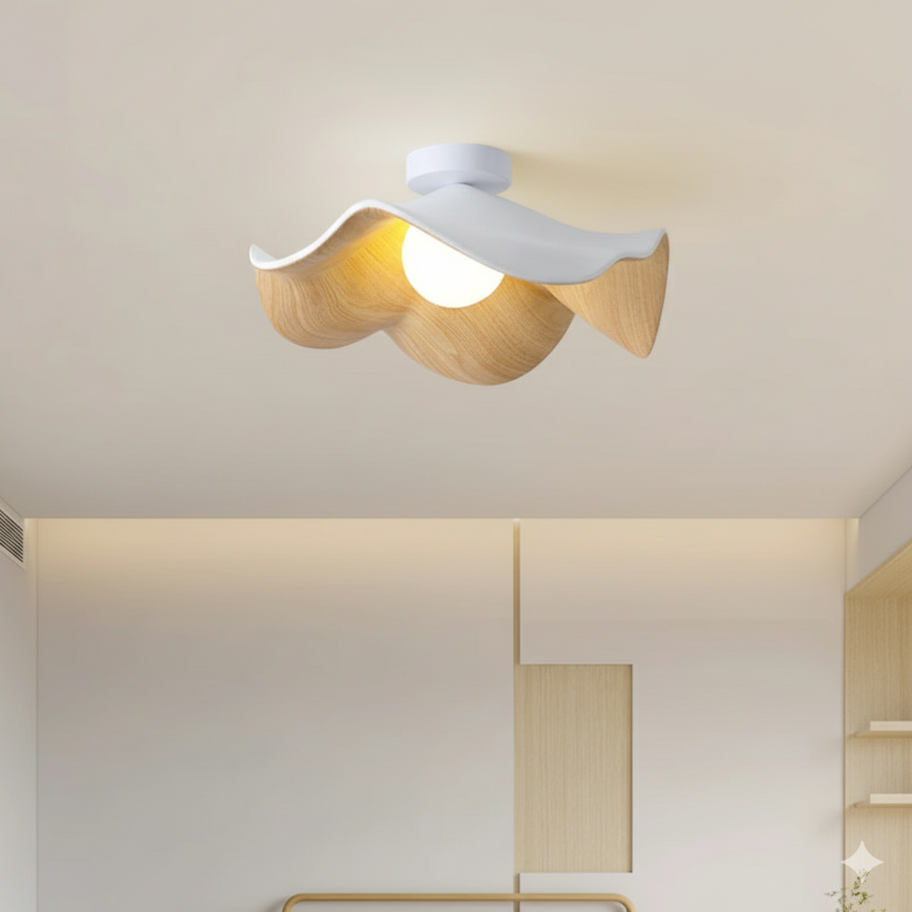 Modern Flush Mount Ceiling Light Fixture with Lotus Design and Wood Effect