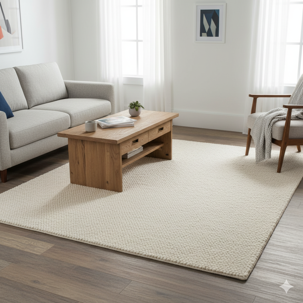 Elegant Textured Handwoven Wool and Cotton Rectangle Rug