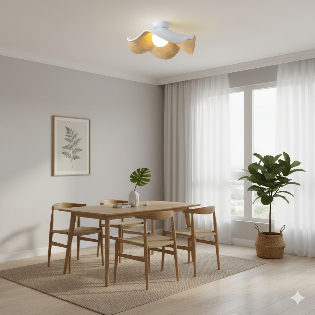 Modern Flush Mount Ceiling Light Fixture with Lotus Design and Wood Effect