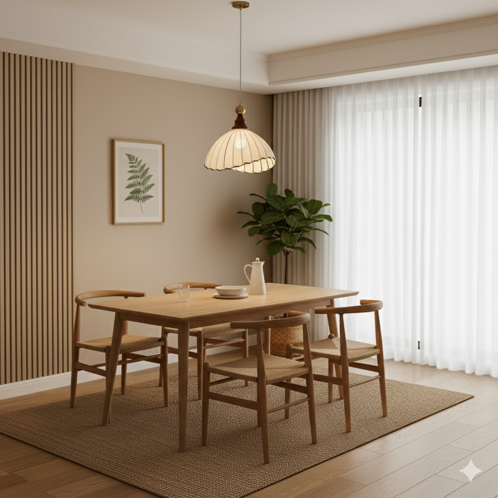 Adjustable Pendant Light with Fabric Shade and Wooden Accents