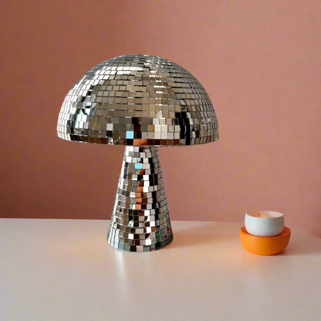 Metallic Mushroom Table Lamp with Reflective Tiles – Retro Design for Bedroom and Living Room Décor 0