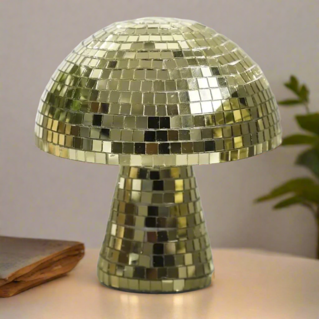 Metallic Mushroom Table Lamp with Reflective Tiles – Retro Design for Bedroom and Living Room Décor 3