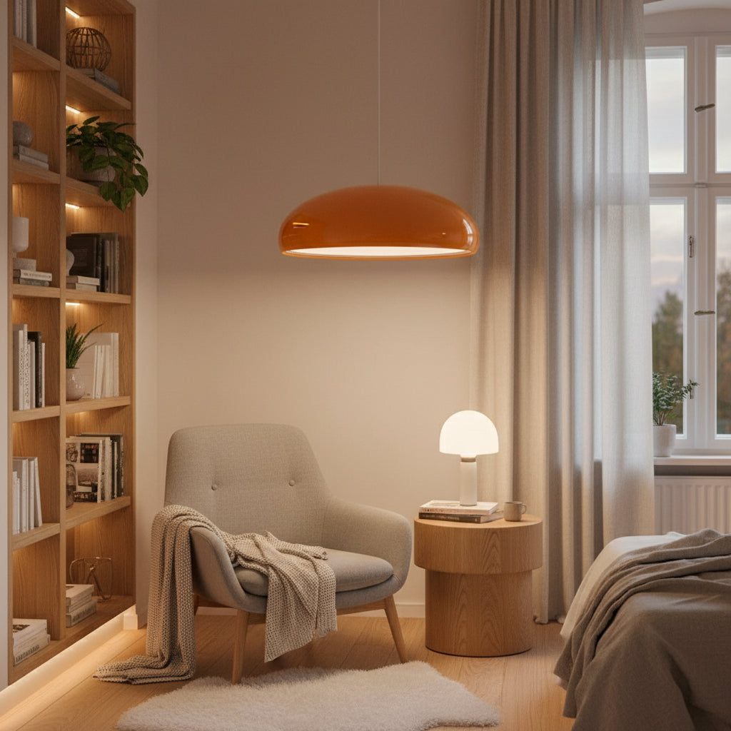 Orange pendant light hanging above a desk with a window in the background