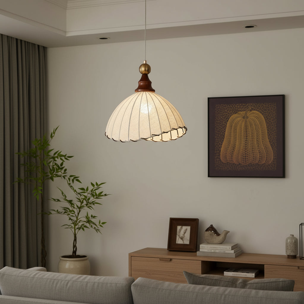 Adjustable Pendant Light with Fabric Shade and Wooden Accents
