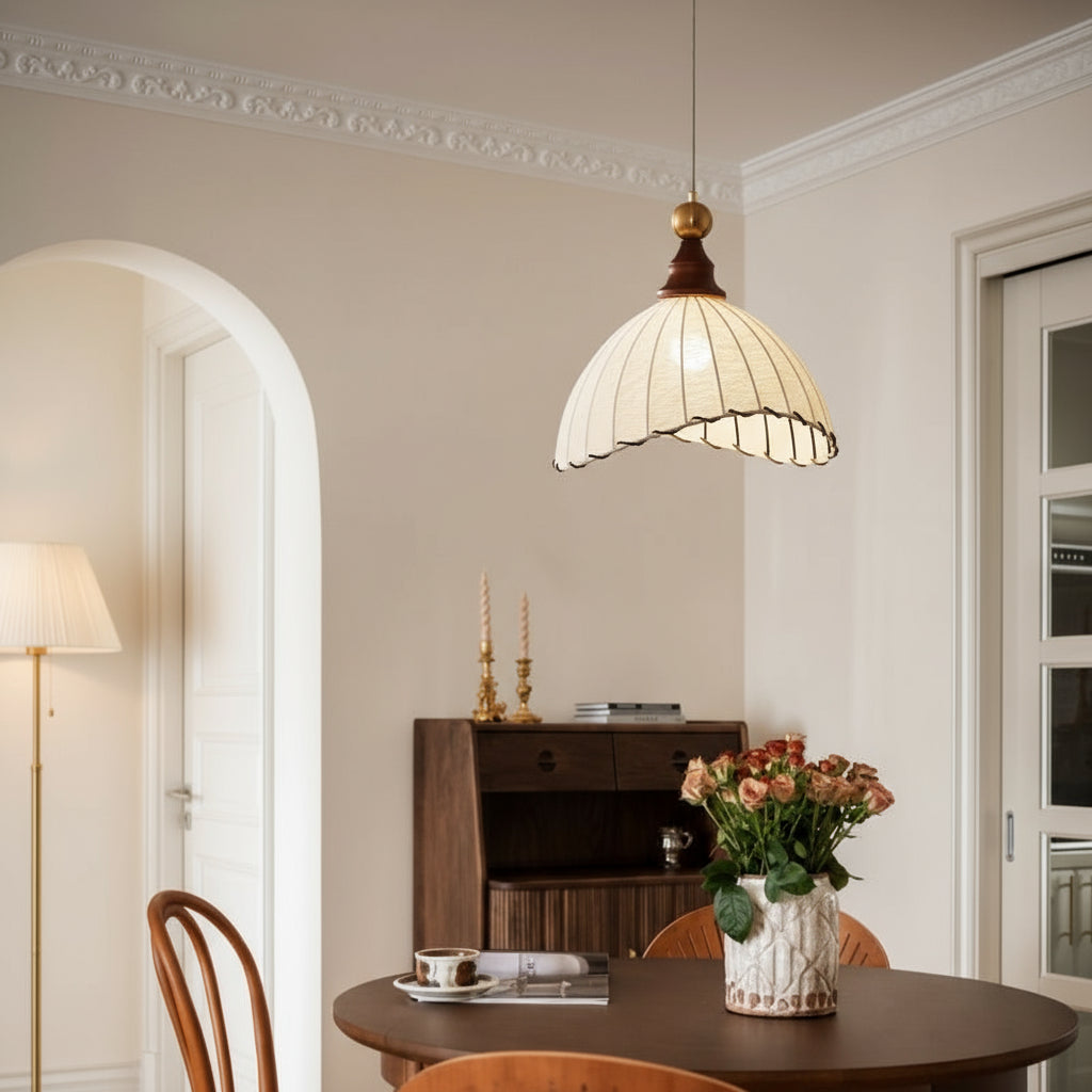 Adjustable Pendant Light with Fabric Shade and Wooden Accents