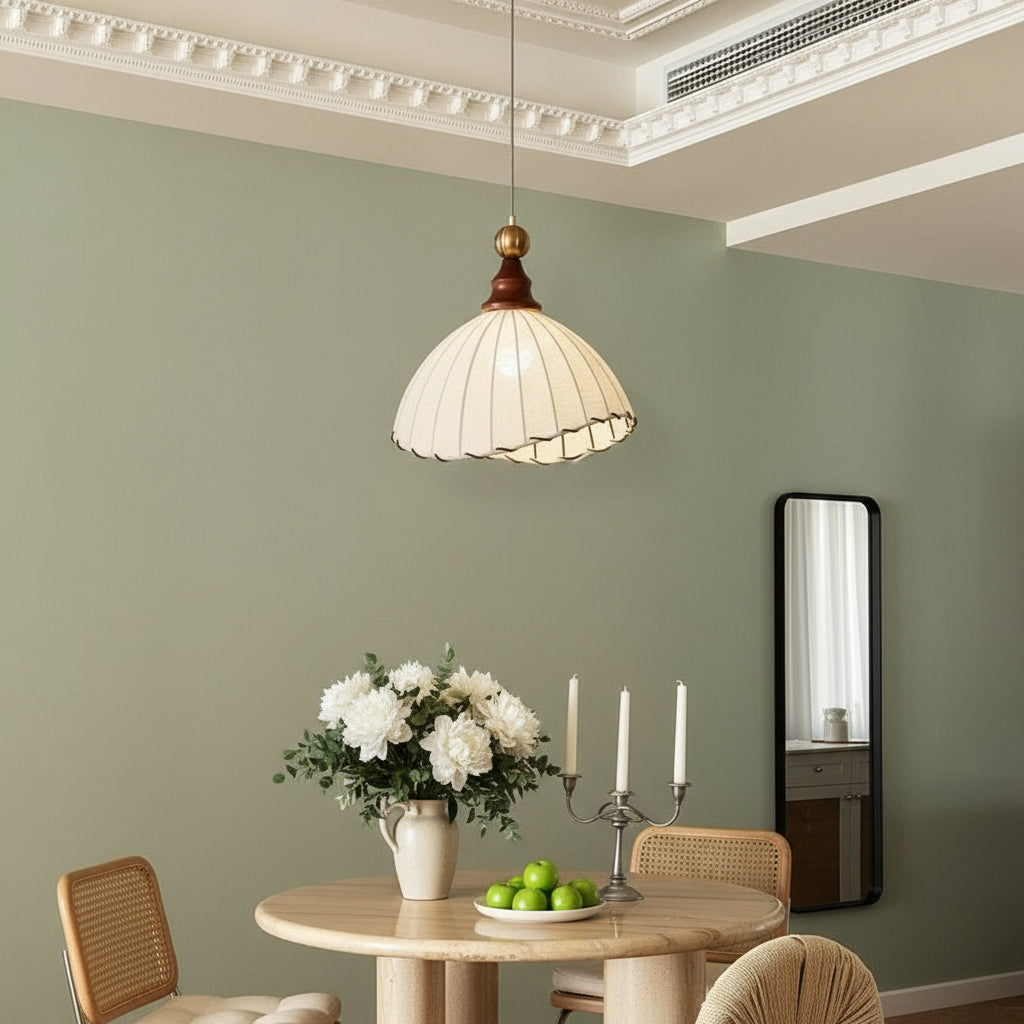 Adjustable Pendant Light with Fabric Shade and Wooden Accents