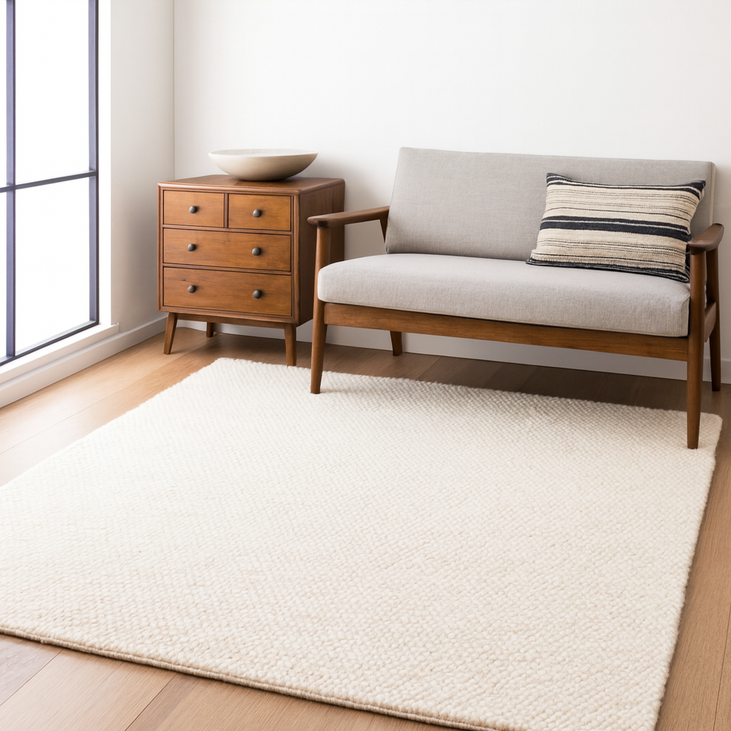 Elegant Textured Handwoven Wool and Cotton Rectangle Rug