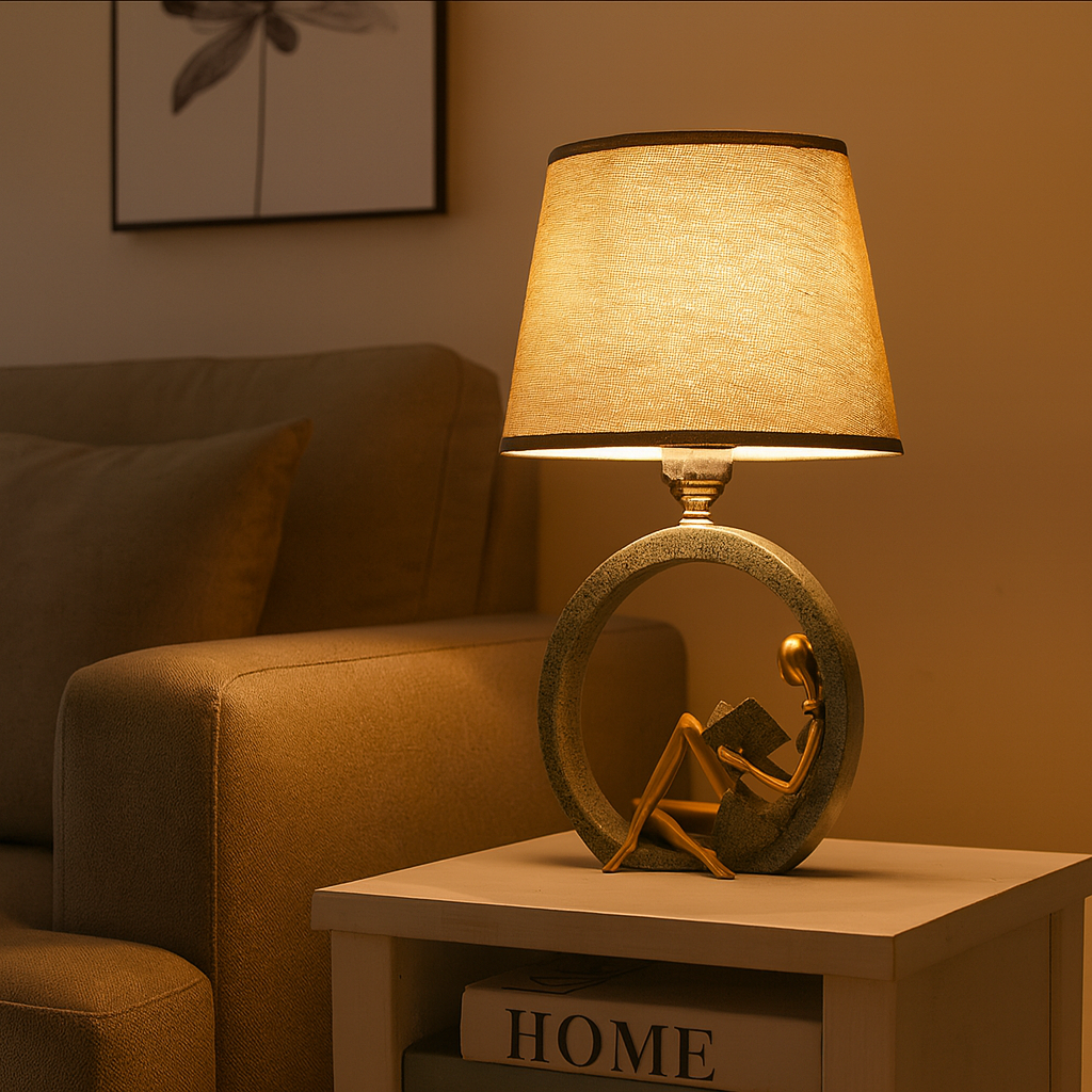 Adjustable Height Table Lamp with Soft Blue Fabric Shade