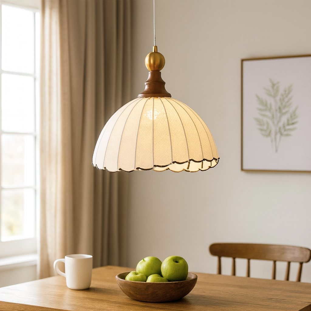 Adjustable Pendant Light with Fabric Shade and Wooden Accents