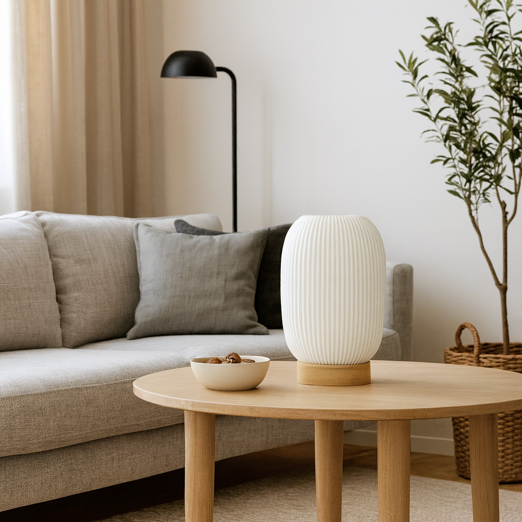 Elegant White Ribbed Ceramic Bedside Lamp with Natural Wood Base