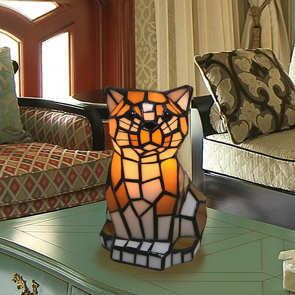 Handcrafted Stained Glass Cat Table Lamp