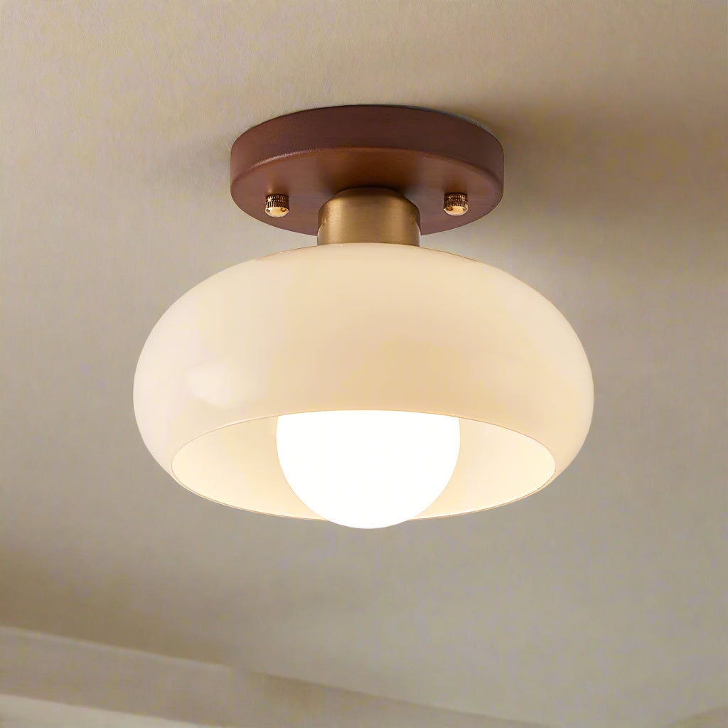 Elegant Flush Mount Ceiling Light Fixture with Glass Shade and Wood Accents for Hallways 2