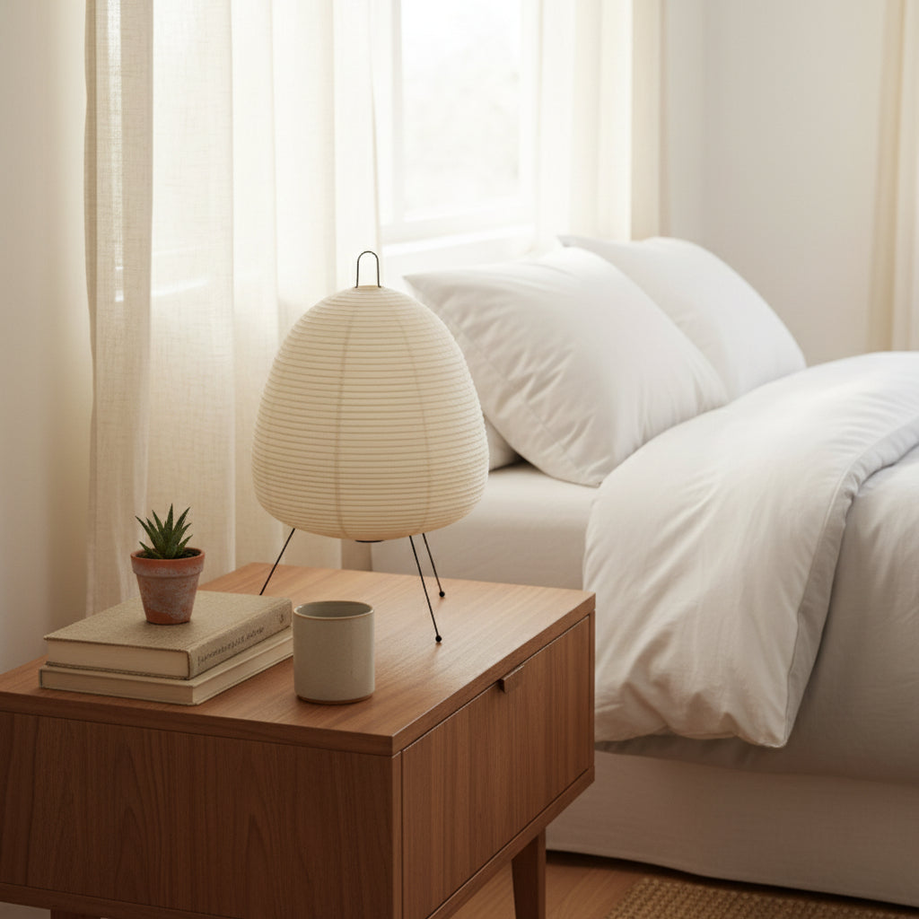 Elegant Tripod Table Lamp with Rice Paper Shade – Modern Bedside or Desk Lamp for Soft Ambient Lighting 1