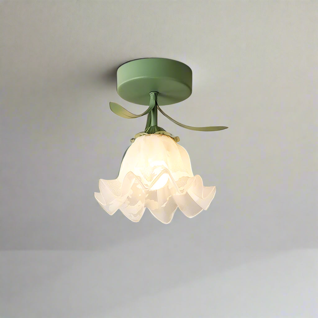 Floral Ceiling Light Fixture with Artistic Glass Shade – Compact Indoor Lighting in Green and White 2