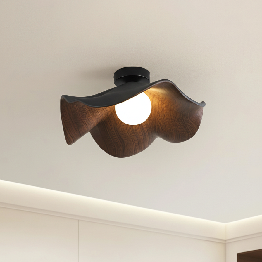 Modern Flush Mount Ceiling Light Fixture with Lotus Design and Wood Effect