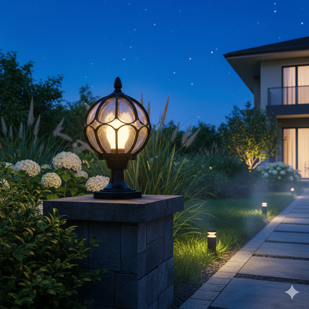 Vintage Outdoor Post Light with Glass Globe Shade