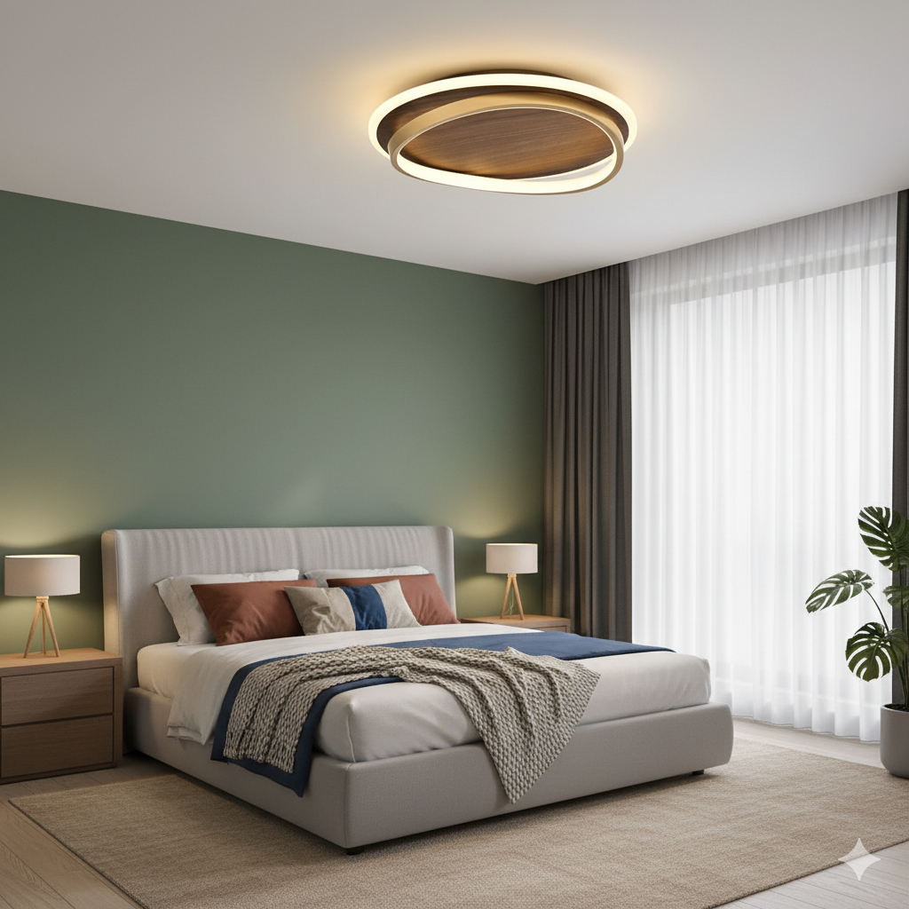 Modern LED Flush Mount Ceiling Light Fixture with Walnut Finish