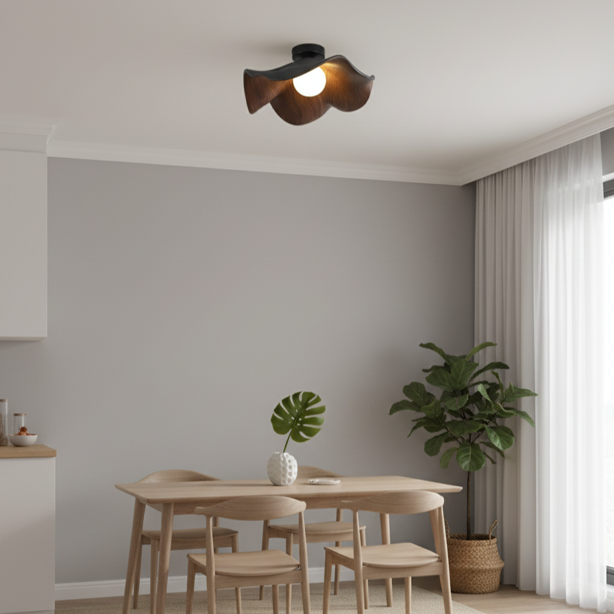 Modern Flush Mount Ceiling Light Fixture with Lotus Design and Wood Effect
