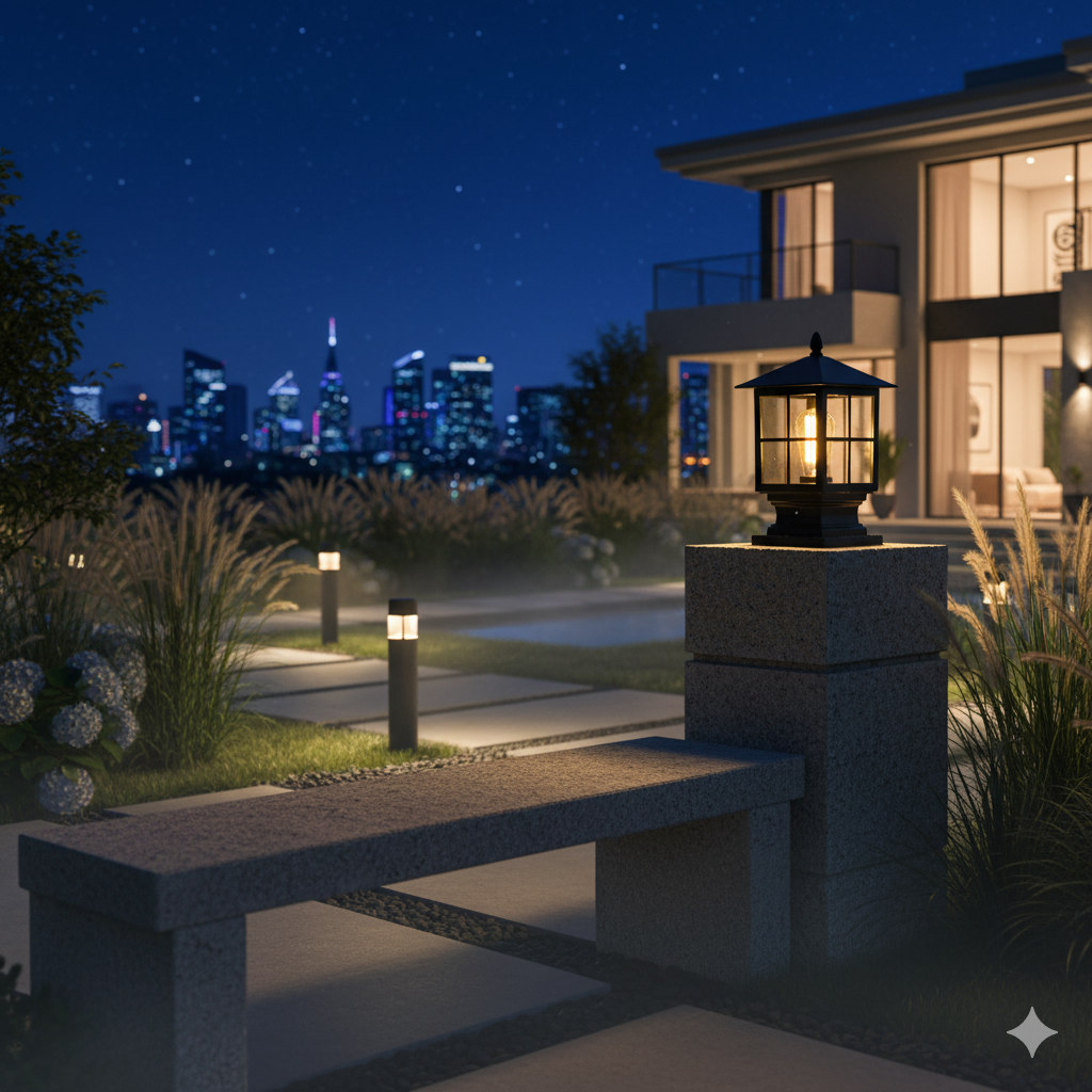 Outdoor Black Metal Lantern Pillar Light