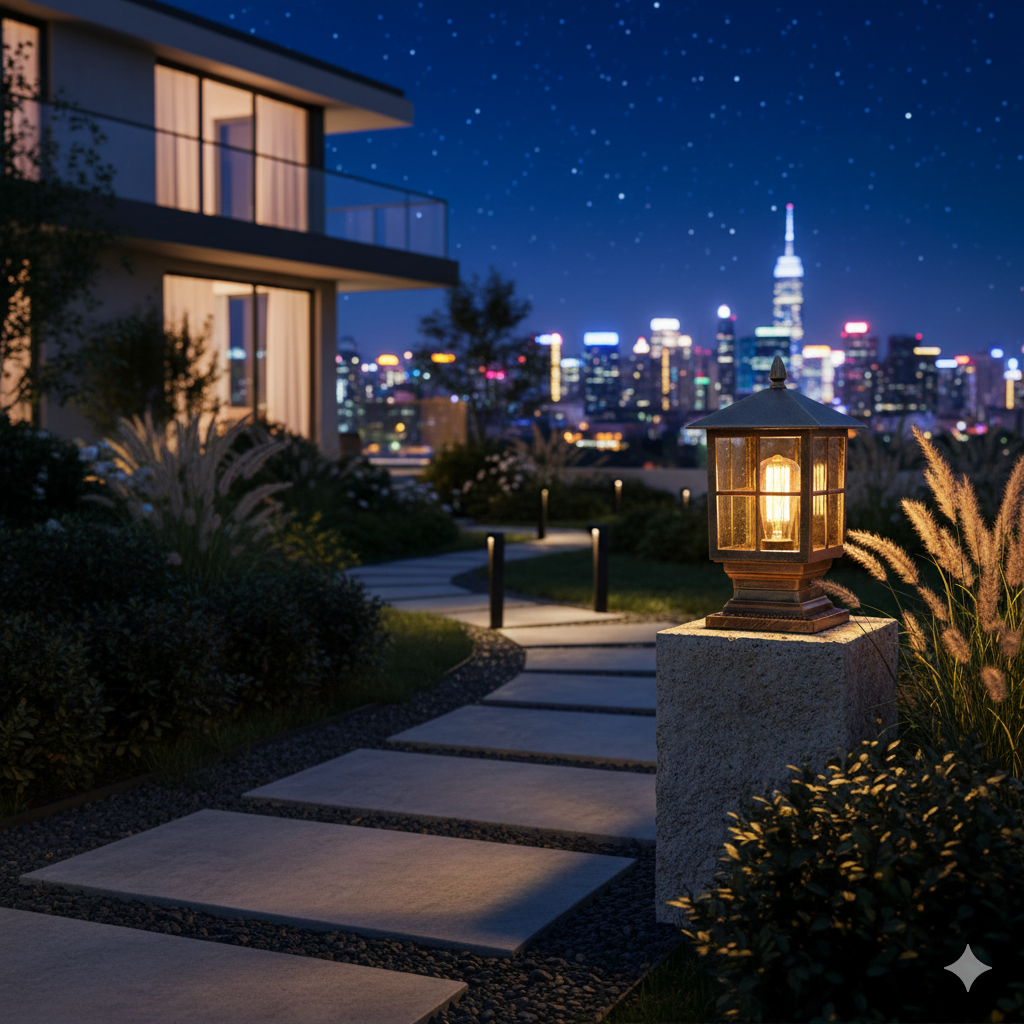 Outdoor Black Metal Lantern Pillar Light