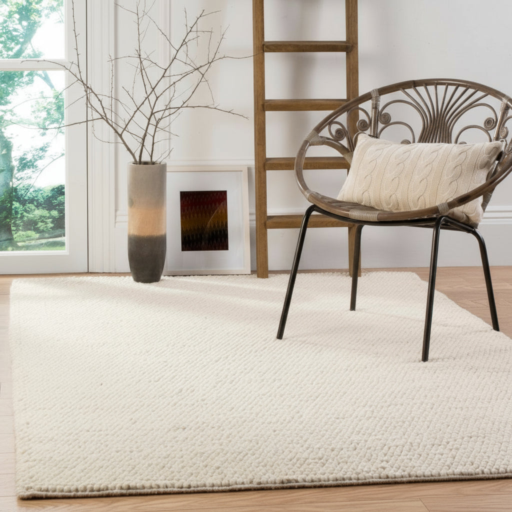 Elegant Textured Handwoven Wool and Cotton Rectangle Rug