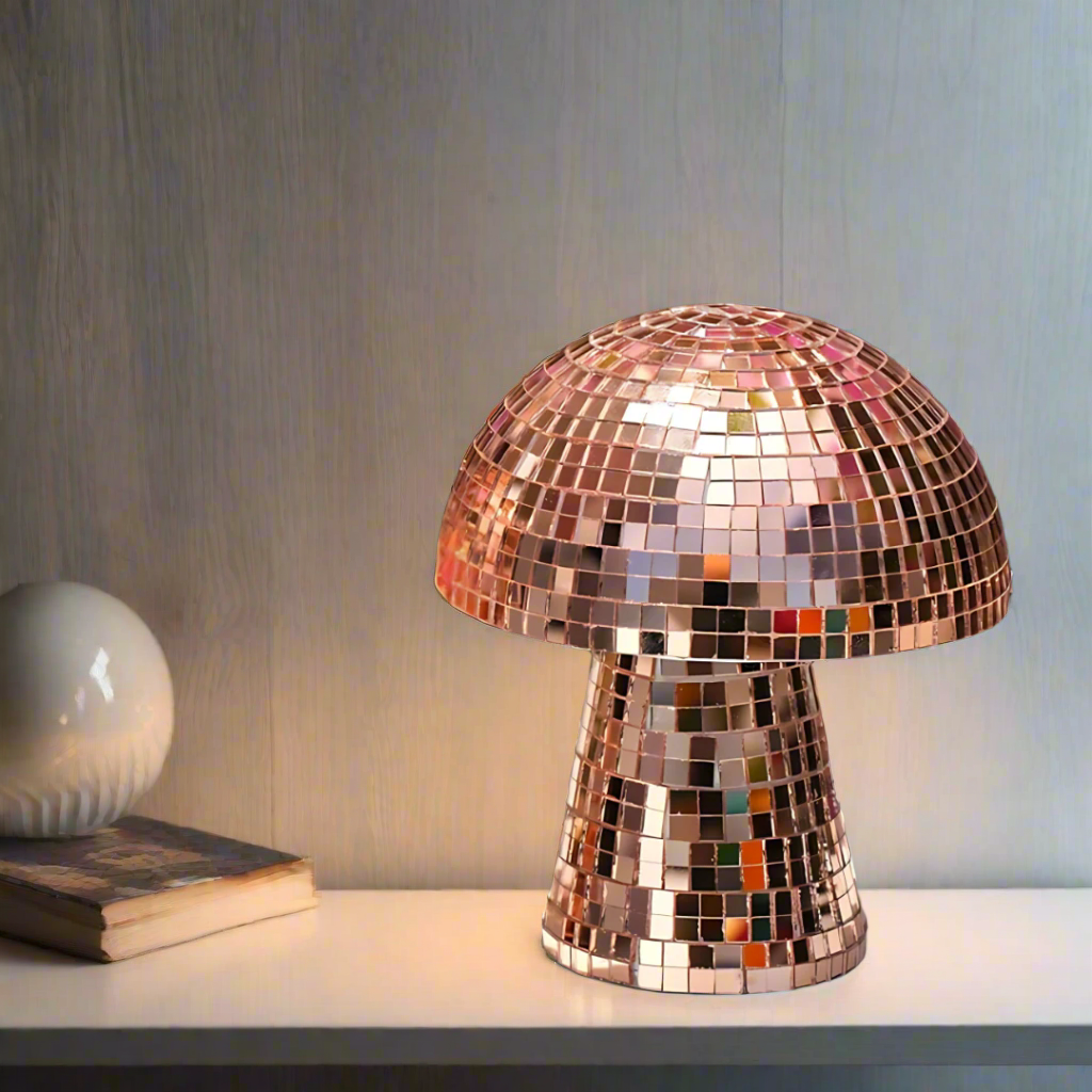 Metallic Mushroom Table Lamp with Reflective Tiles – Retro Design for Bedroom and Living Room Décor 4