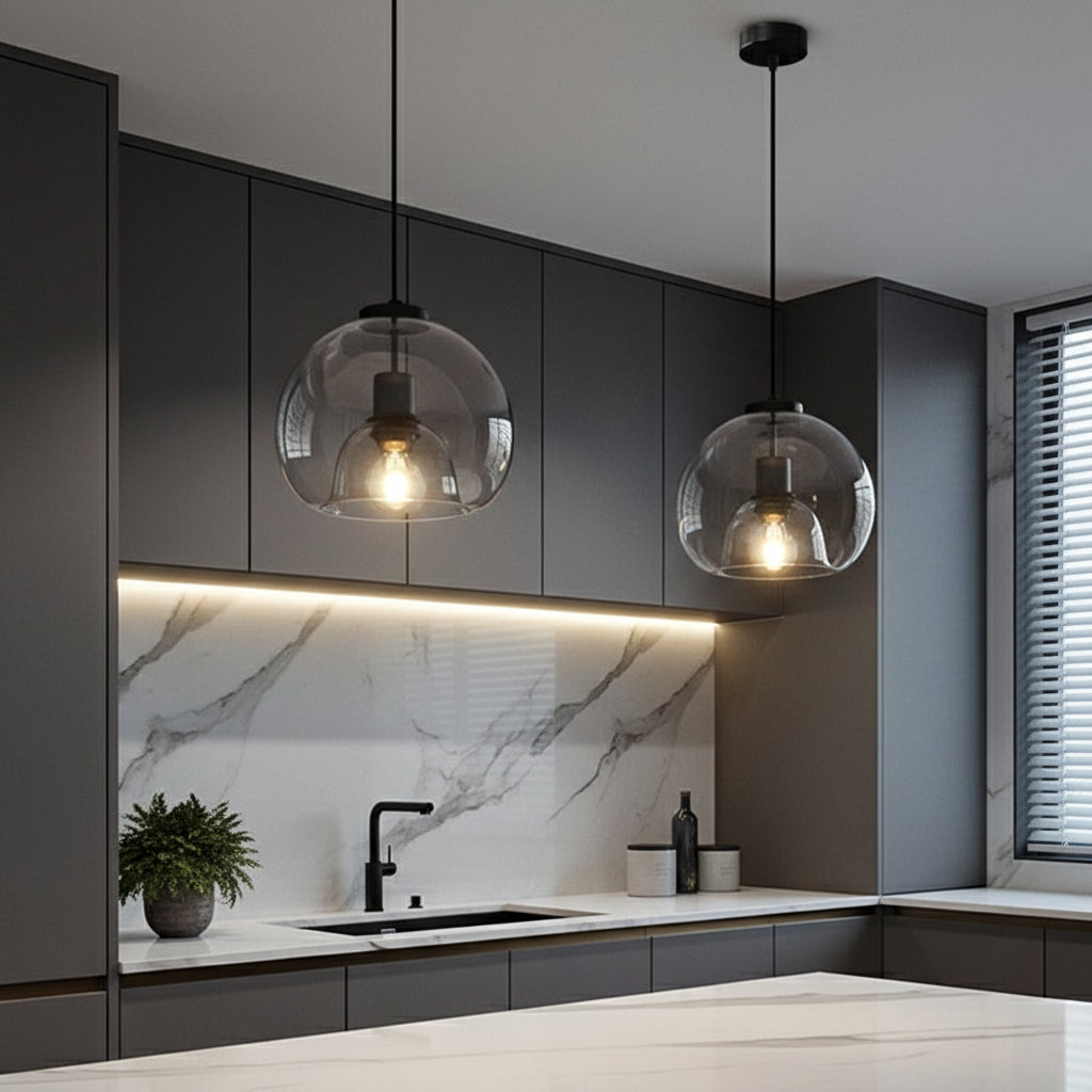 Modern kitchen with pendant lights and dark cabinets