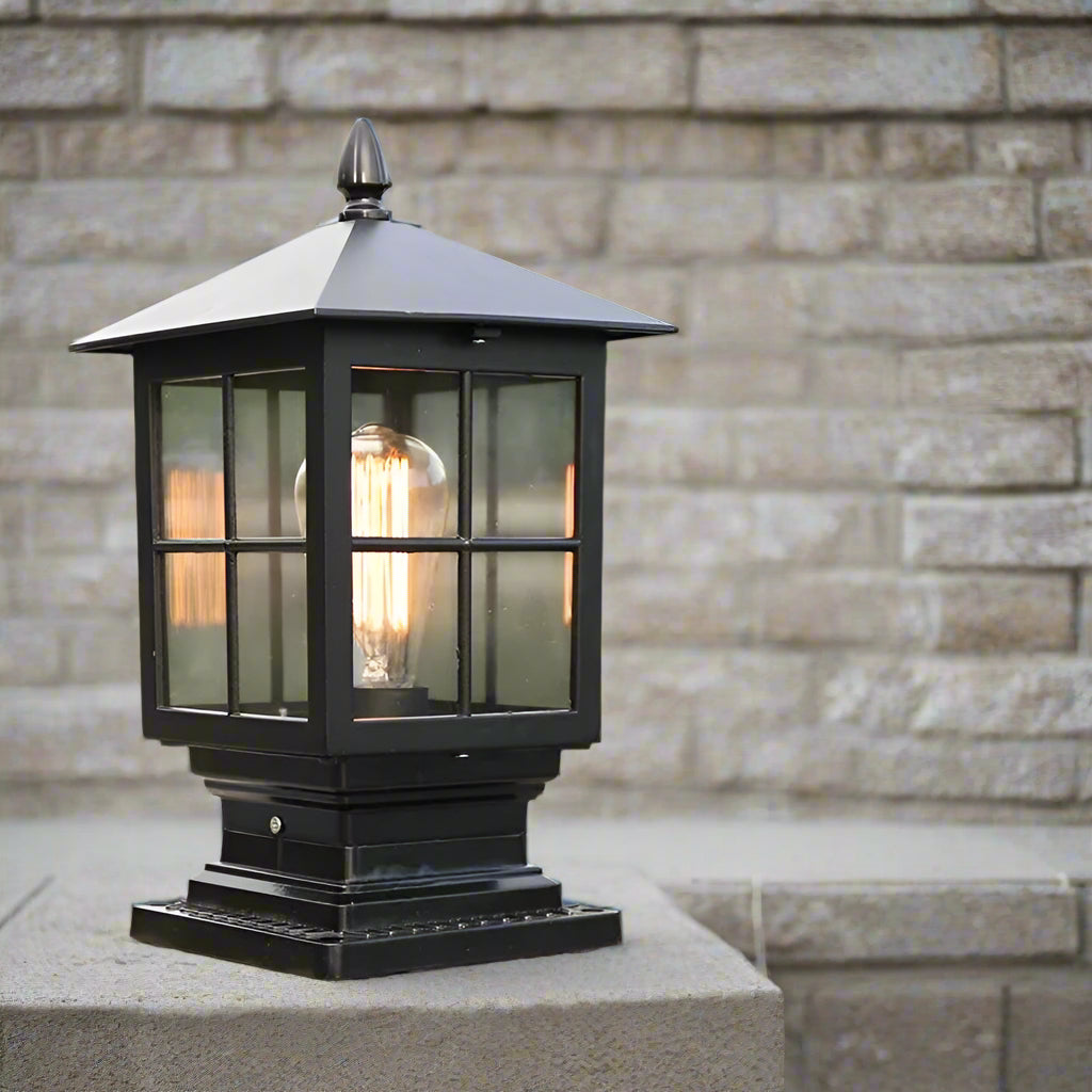 Outdoor Black Metal Lantern Pillar Light – Weather-Resistant Garden and Pathway Lighting, IP65 Rated, Hardwired E27 Compatible 0