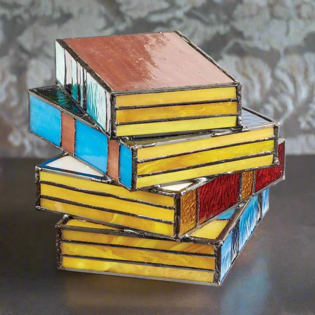 Stained Glass Bedside Lamp in Book Stack Design – Artistic Nightstand Lamp for Cozy Bedroom Decor 3